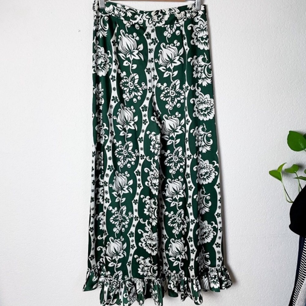 Zara Pants Green Satin Floral Ruffle Wide Leg Zip Up